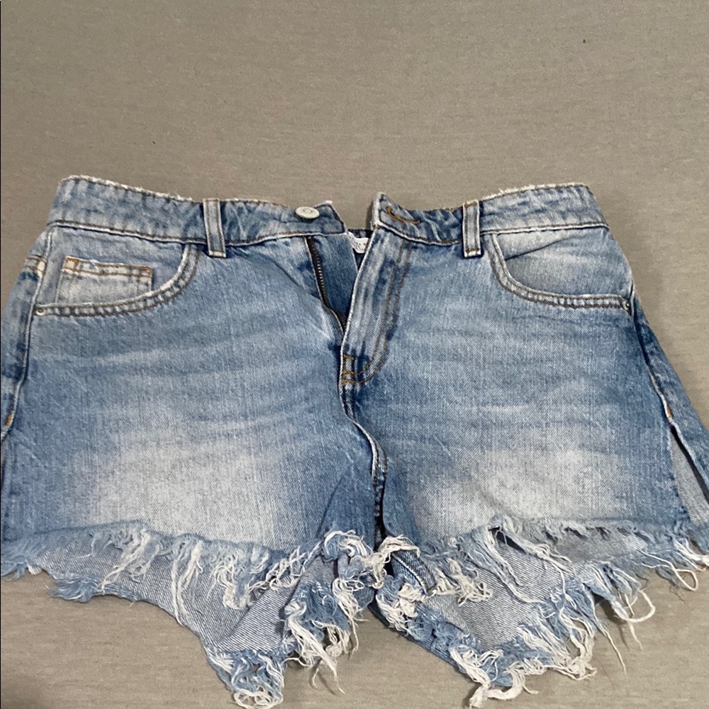 Blue Distressed Jean Shorts with Frayed Hem